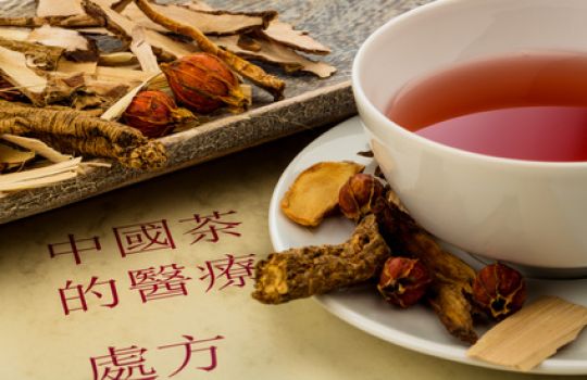 Teetasse mit getrockneten Beeren und Wurzeln, chinesische Schriftzeichen